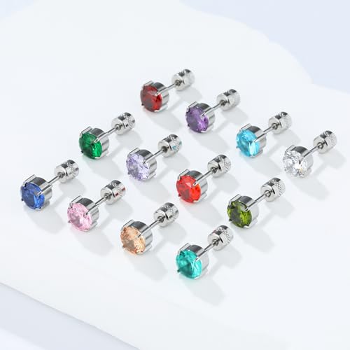 Titanium Flat Back Surgical Stainless Steel Stud Earrings for Women Men,Birthstone Stud Earrings Hypoallergenic Double Side 5A Cubic Zirconia Studs Jewelry 6mm - color: July(Orange)
