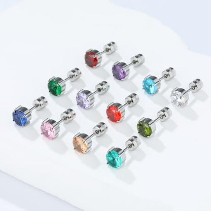 Titanium Flat Back Surgical Stainless Steel Stud Earrings for Women Men,Birthstone Stud Earrings Hypoallergenic Double Side 5A Cubic Zirconia Studs Jewelry 6mm - color: July(Orange)