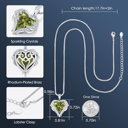 CDE Angel Wings Heart Birthstone Pendant Necklace Gift for Women | Silver/Gold Tone,Ideal Birthday & Anniversary Jewelry Gift for Wife,Girlfriend,Her - color: White-08-Aug-Peridot Green Birthstone