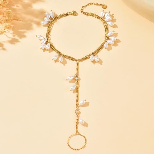 Toe Ankle Bracelets for Women Waterproof, 18K Gold Plated Pearl Anklet Dainty Layered Pearl Daisy Tassel Cubic Zirconia Star Adjustable Link Chain Anklets, Summer Beach Boho Foot Jewelry - style: Y-Layered Pearls Tassel Anklet