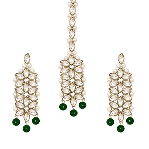 Aheli Wedding Party Wear Bridal Jewellery Choker Long Pearl Necklace Earrings Maang Tikka Indian Traditional Set Gift for Women - color: Green