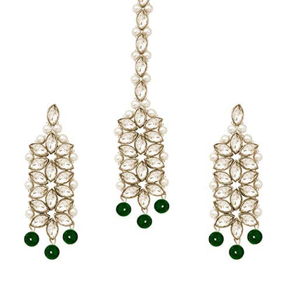 Aheli Wedding Party Wear Bridal Jewellery Choker Long Pearl Necklace Earrings Maang Tikka Indian Traditional Set Gift for Women - color: Green
