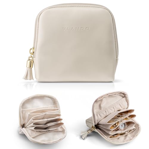 VLANDO Small Travel Jewelry Case,Velvet Pouch Bags with Zipper, Cream White | Travel Essentials,PU Leather Organizer with 5 Divided Sections,Carry-On Totes,Gift for Birthday,Bride,Bridesmaid,Women,Girls - color: A.Cream White