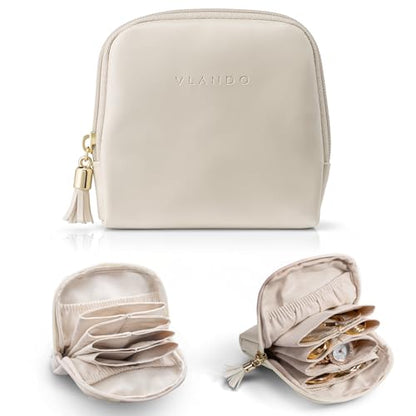 VLANDO Small Travel Jewelry Case,Velvet Pouch Bags with Zipper, Cream White | Travel Essentials,PU Leather Organizer with 5 Divided Sections,Carry-On Totes,Gift for Birthday,Bride,Bridesmaid,Women,Girls - color: A.Cream White