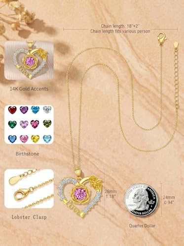 Birthstones Necklace Gifts for Women Love Heart Necklaces for Womenwith Rose Flower Jewelry Gifts for Mother's Day Valentine's Day Engagement Birthday Thanksgiving Christmas - color: February