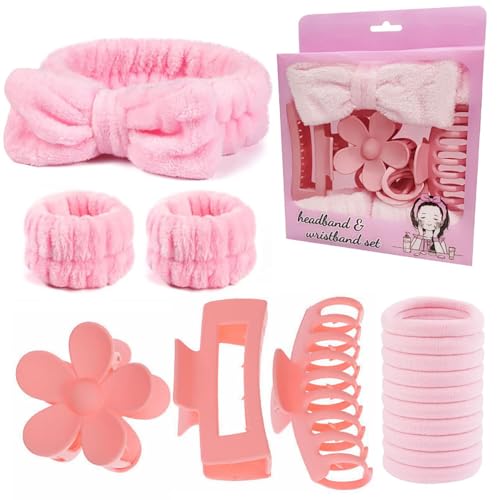 32 PCS Hairband And Accessories Set Plush Face Wash Headbands Wristbands Clips Hair Ties For Spa Bath Bridal Party Gifts, PinkPurple