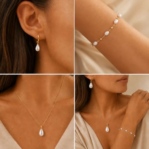 3Pcs Women's Gold Pearl Jewelry Set – 14K Gold-Plated Necklace Earrings And Bracelet Combo Includes An Exquisite Pearl Pendant Necklace Pearl Drop Earrings And An Adjustable Bracelet Perfect For Weddings Or As A Jewelry Gift For Her