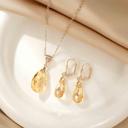 Austrian Crystals Teardrop Pendant Necklace Earrings for Women 14K Gold Plated Hypoallergenic Leverback Drop Dangle Earrings Jewelry Set - color: Light Topaz
