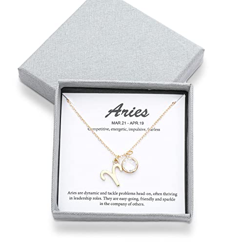 14k Gold Plated Zodiac Birthstone Crystal Pendant Necklace, Horoscope Sign Charm Necklace for Women Birthday Gift - color: Aries-Apr.