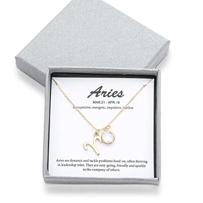 14k Gold Plated Zodiac Birthstone Crystal Pendant Necklace, Horoscope Sign Charm Necklace for Women Birthday Gift - color: Aries-Apr.