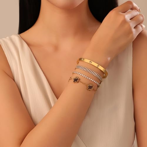 18 K Gold Plated Love Bangle Bracelet Stack for Women,Set of 4 Floral Clover Chain, Tennis Crystal &Gold Stackable Bangle Bracelet -Adjustable Layered Jewelry Gift for Wife Valentines Mother's Day-MVCOLEDY - color: Brown and White CZ