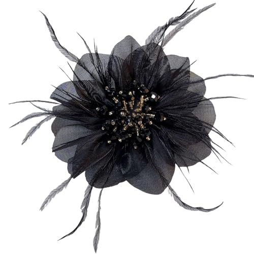 4" Crystal Feather Flower Brooch Pin for Women Girls Dainty Bright Satin Rhinestone Floral Brooches Lapel Hair Pins Elegant Wedding Cocktail Prom Party Hat Bag Suit Clothing Dress Accessories Jewelry Gift - color: Black