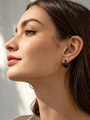 Bestyle Gold Huggies Earrings for Women Hypoallergenic 925 Sterling Silver Post Huggie Hoop Earrings Thick Lightweight Small Hoop Earrings 8/10/12/14mm - color: Black, size: 12mm