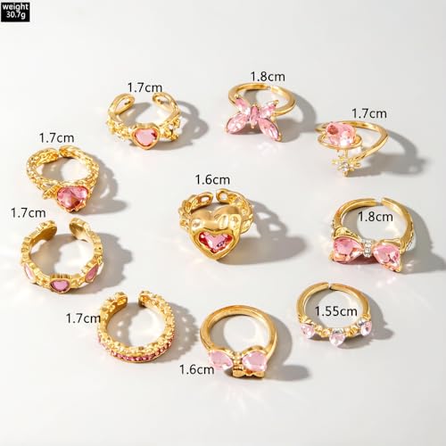 10pcs Sparkly Crystal Love Heart Ring Set for Women Adjustable Bowknot Butterfly Finger Ring Stackable Pink Rhinestone Heart Open Ring Jewelry Gifts - color: Gold