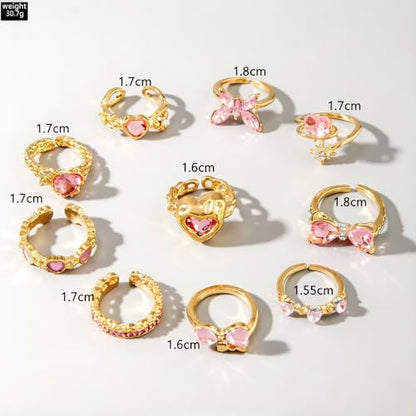 10pcs Sparkly Crystal Love Heart Ring Set for Women Adjustable Bowknot Butterfly Finger Ring Stackable Pink Rhinestone Heart Open Ring Jewelry Gifts - color: Gold