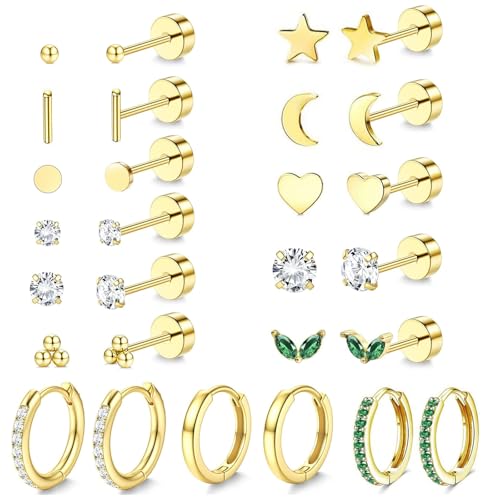 Stainless Steel Stud Earrings Set for Women Hypoallergenic Flat Back Cartilage Earrings Screw Back Huggie Hoop Earrings Multiple Piercing Cubic Zirconia Helix Tragus Jewelry - color: Set-D-14K Gold Plated