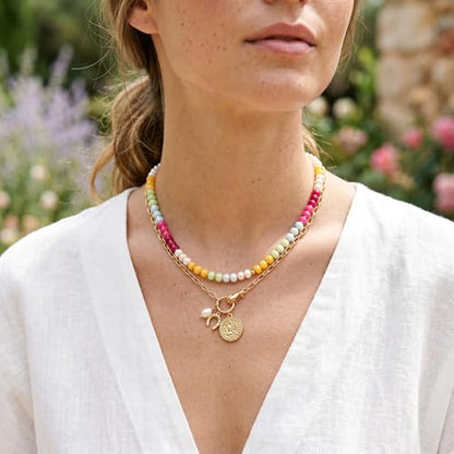 Colorful Acrylic Beaded Necklace For Women, Boho Double Layer Rainbow Beads Thick Cuban Chain Chunky Heart Pendant Statement Choker Summer Beach Jewelry Gift - color: Colorful Gold Hand