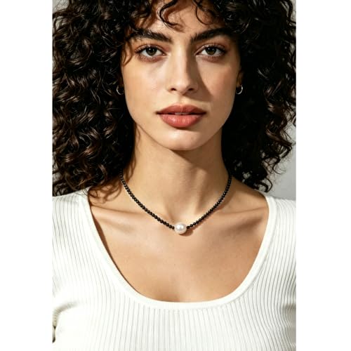 Single Pearl Choker Pendant Necklaces for Women, Natural Gemstone Womens Black Stone Beaded Choker Necklace, Dainty Round Freshwater Pearl Handmade Jewelry Gift Women Birthday Bridesmaids Anniversary 16 18 inch - color: 01-black/white, size: 18"
