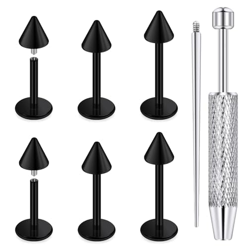 Internally Threaded Labret Studs 18G 16G 14G Surgical Steel Lip Piercing Jewelry with Claw Tool Monroe Snake Bite Jewelry Flat Back Barbell for Women Men Plus Piercing Ball Grabber Tool - color: black, size: 18g,spike end