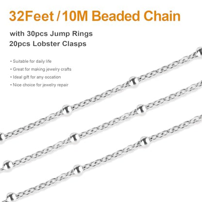Kyutong 32.8 Feet Stainless Steel Chain Link with Spool for Crafting | Beaded Jewelry Making Chain Roll Silver Necklace Making Supplies for Women Men DIY Craft Support Jewelry Findings - color: Silver-7