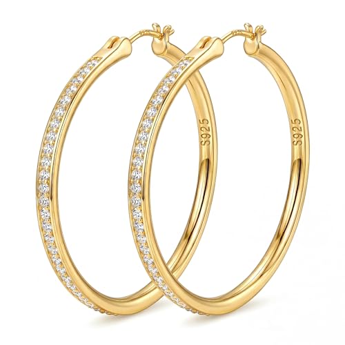925 Sterling Silver Hoop Earrings for Women Sparkly Cubic Zirconia Large Hoops 18K White Gold Plated Hypoallergenic Lightweight Rhinestone Big Hoop Earrings 40/50MM Silver/Gold - color: 50mm-Gold