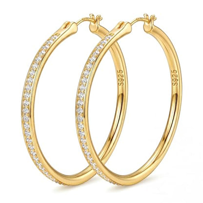 925 Sterling Silver Hoop Earrings for Women Sparkly Cubic Zirconia Large Hoops 18K White Gold Plated Hypoallergenic Lightweight Rhinestone Big Hoop Earrings 40/50MM Silver/Gold - color: 50mm-Gold