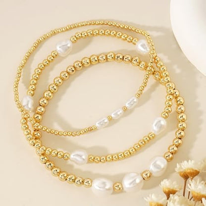 Gold Beaded Bracelet Stack for Women Colorful Small Seed Beads Bracelets Set Boho 14K Gold Plated Ball Stackable Stretch Non-Tarnish Dainty Jewelry Trendy Accessory Friendship Gift - color: Pearl
