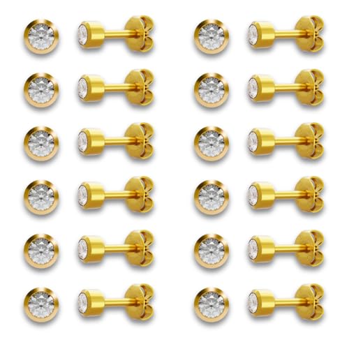 Caflon April Birthstone Stud Earrings - 12 Pairs Clear Crystal Studs, 3/4/5mm | Surgical Steel Starter & Piercing Studs, Sterilized & Individually Sealed | Hypoallergenic Nickel-Safe for Newly Pierced & Sensitive Ears - color: 24K Gold Plated, size: 4mm
