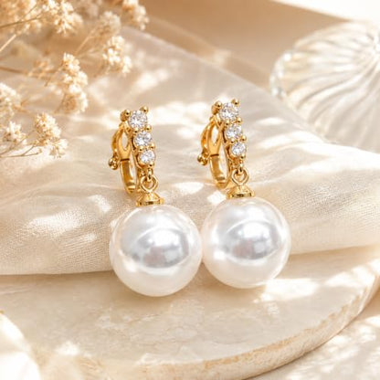 Pearl Clip on Earrings for Women - 14K Gold Silver Plated Cubic Zirconia Non Pierced Ear Clips Jewelry Gifts for Wedding Bridal Party Gifts - color: Gold-1 line CZ