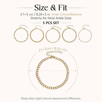 Fesciory 14K Gold Plated Ankle Bracelets Sets For Women, Adjustable Layered Infinite Anklet, Summer Beach Butterfly Star Foot Chain Jewelry Gifts - style: 5 Gold Chains