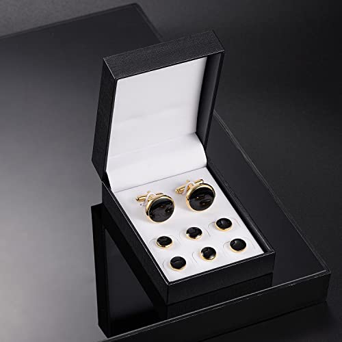 wynameleri Mens Cufflinks and Studs Set Blanks Round 4 Colors Shirt Tuxedo Buttons Packed in Cufflink Box for Business Wedding Jewelry - color: Gold Black