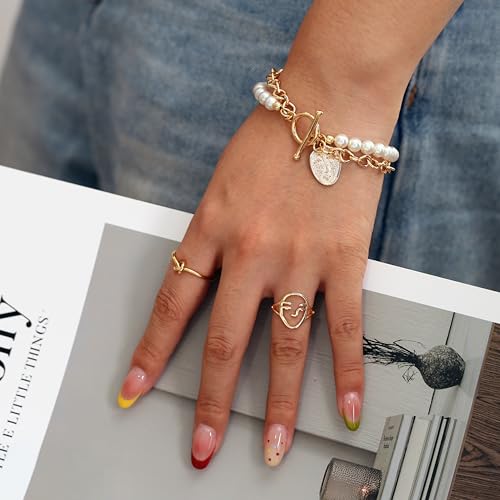 PEARLADA 18k Gold Plated Chain Layerd Bracelet Coin Charm Toggle Bracelet Trendy Cubic Zirconia Jewelry - color: Pearl + Chain