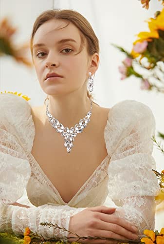 Jewelry Set for Women Rhinestone Austrian Crystal Statement Flower Necklace Link Bangle Bracelet Dangle Earrings Rings Allergy Free Wedding Party Jewelry Set for Bridal Bridesmaid - color: White-Platinum Plated