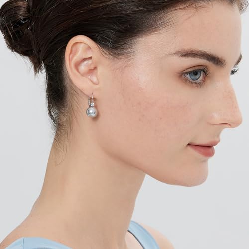 925 Sterling Silver Pearl Leverback Earrings for Women Cubic Zirconia Pearl Jewelry 10MM - color: A: Leverback-Light Gray