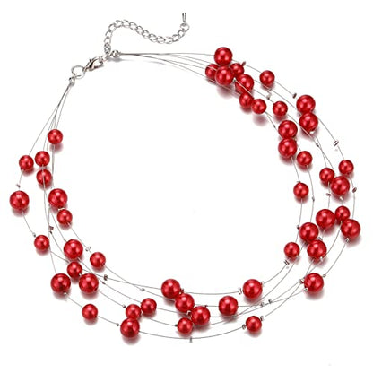FULU AUTUMN Layered Pearl Necklace Multi-strand Pearl Choker Necklaces for Women Beaded jewelry for Wedding Parties - color: Red