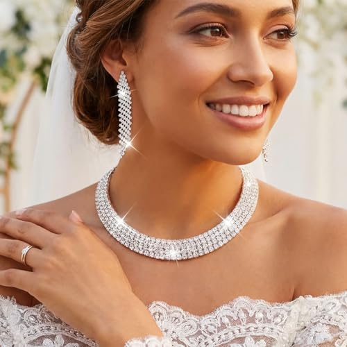 Rhinestone Bridal Wedding Jewelry Sets Silver Choker Necklace Earrings Set Prom Formal Costume Jewelry Set for Women and Brides - color: Silver