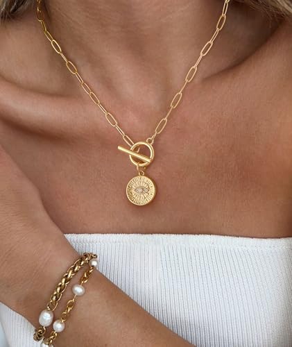 Chunky Gold Necklace for Women Trendy Non Tarnish 14K Gold Plated Paperclip Chain Charm Necklaces Chunky Heart Cross Clover Pearl Pendant Necklace with Toggle Clasp Statement Jewelry Gift for Women - color: G-Evil Eye