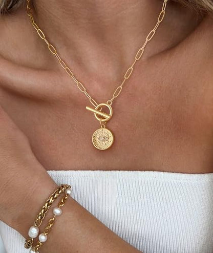 Chunky Gold Necklace for Women Trendy Non Tarnish 14K Gold Plated Paperclip Chain Charm Necklaces Chunky Heart Cross Clover Pearl Pendant Necklace with Toggle Clasp Statement Jewelry Gift for Women - color: G-Evil Eye