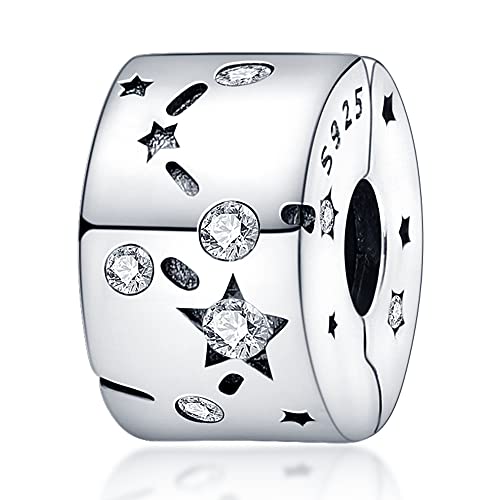 925 Sterling Silver Charms for Bracelets Necklaces Dangle Pendant With 5A Cubic Zirconias Bead Charm for Women DIY Jewelry - style: Star fixing clip