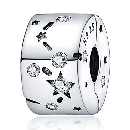925 Sterling Silver Charms for Bracelets Necklaces Dangle Pendant With 5A Cubic Zirconias Bead Charm for Women DIY Jewelry - style: Star fixing clip