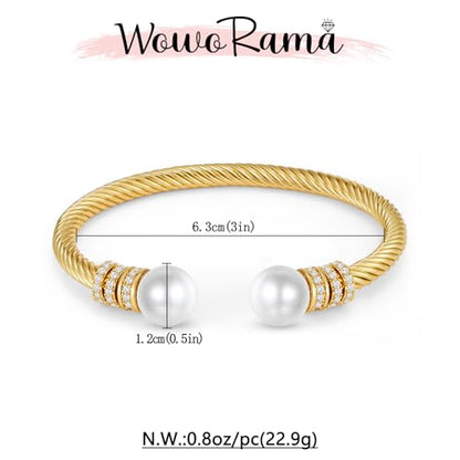 WOWORAMA Twisted Cable Wire Bracelets Two Tone Bangle Bracelet for Women | Stainless Steel, Unisex Gold Silver Bracelet, Mixed Metal Chunky Bangles Jewelry - color: Gold Pearl