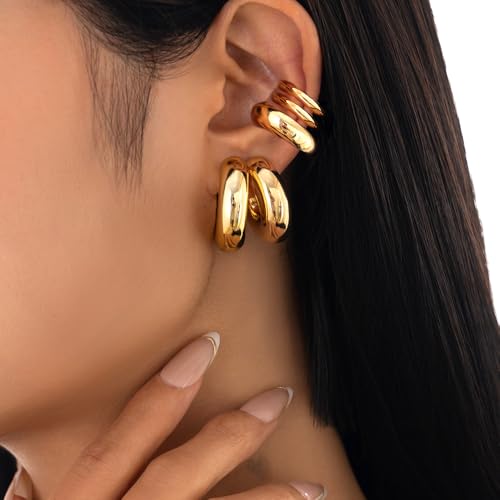 Chunky Gold Huggie Earrings Sets for Women Vinatge Non Piercing Ear Cuff Statement Earrings Personalized Large Clip On Hoop Earrings Fashion Jewelry - color: Gold