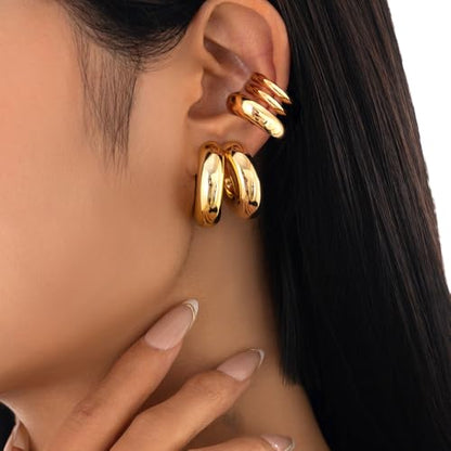 Chunky Gold Huggie Earrings Sets for Women Vinatge Non Piercing Ear Cuff Statement Earrings Personalized Large Clip On Hoop Earrings Fashion Jewelry - color: Gold