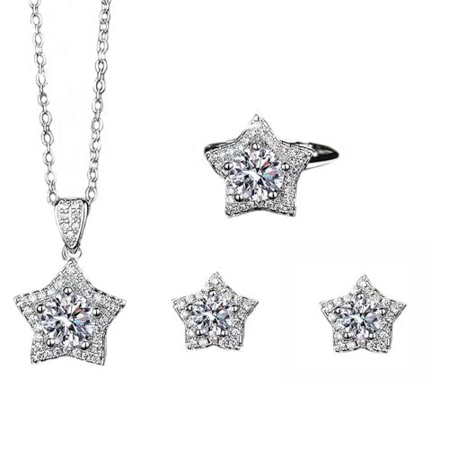 Elegant Jewelry Set Necklace for Women，Adjustable Dainty Cubic Zirconia Trendy Choker Pendant Necklace+Earrings+Ring, Mother's Day Valentine's Day Gifts Pendant Set for Women 3PCS - color: White star