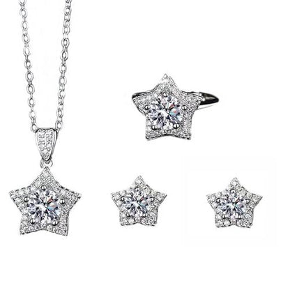 Elegant Jewelry Set Necklace for Women，Adjustable Dainty Cubic Zirconia Trendy Choker Pendant Necklace+Earrings+Ring, Mother's Day Valentine's Day Gifts Pendant Set for Women 3PCS - color: White star