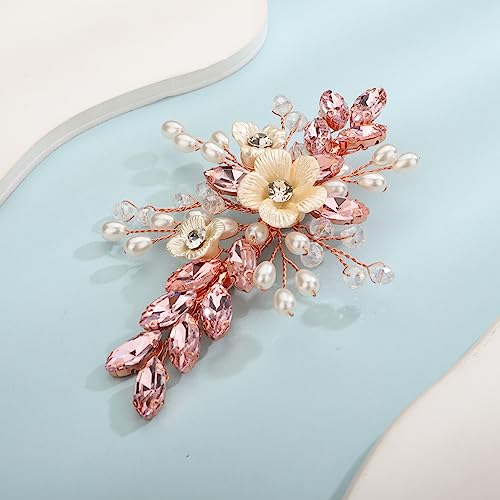 Xerling Pink Rhinestones Crystal Flower Hair Barrettes Clip Boho Bridal Pearl Hair Jewelry Accessories for Women Wedding Floral Headpieces (Pink) - color: Pink