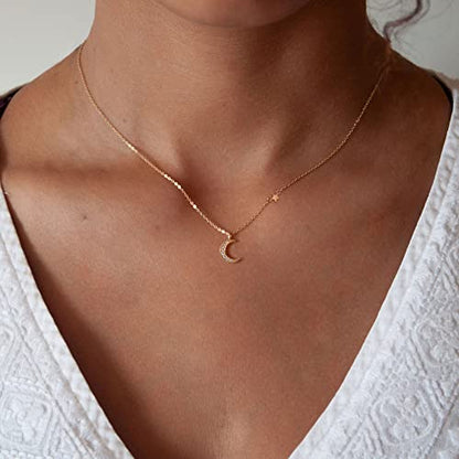 HANLI 14K Gold Plated Necklaces for Women - Dainty Butterfly, Star of David, Moon and Star, Sun, Lotus, Infinity, Hummingbird, Bee,Boots,Chill,Sunflower Pendant Designs - Elegant Jewelry for Women - color: Moon and Star