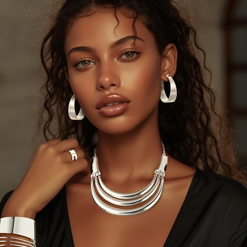 JOERICA Bib Choker Necklace Silver Gold Jewelry Set Wide Cuff Bangle Bracelet Open Hoop Earrings Adjustable Ring Chunky Silver Gold Statement Costume Jewelry Set for Women - color: Silver Tone