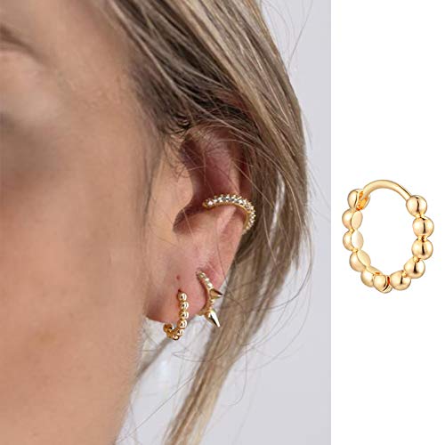 Huggie Hoop Earrings 14K Gold Plated Cubic Zirconia Dainty Simple Cute Beads Elegant CZ Circle Small Hoop Earring for Women Minimalist Handmade Hypoallergenic Jewelry - color: Beaded