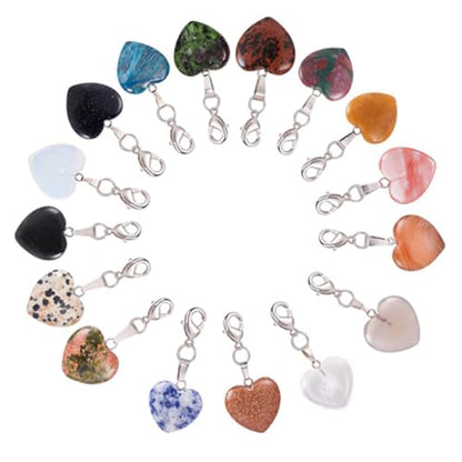PH PandaHall Heart Stone Charms 16pcs Love Heart Pendants Quartz Gemstone Chakra Stone Charm Pendants with Lobster Claw Clasps for Wedding Necklace Jewelry Making Keychain Mother's Day - color: 16 Color Heart -16pcs